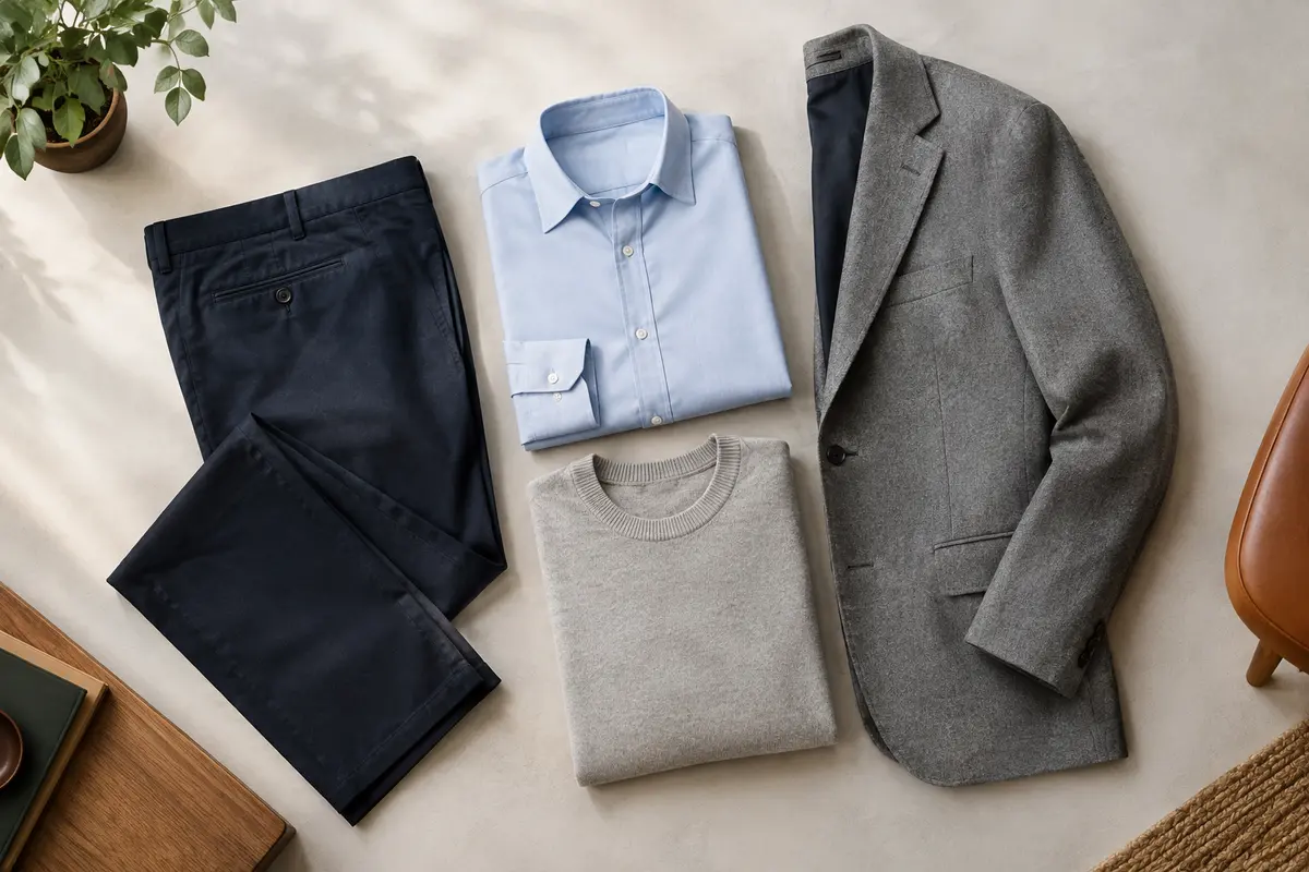 Pantalon bleu marine associé à une chemise claire et à un pull gris pour le bureau