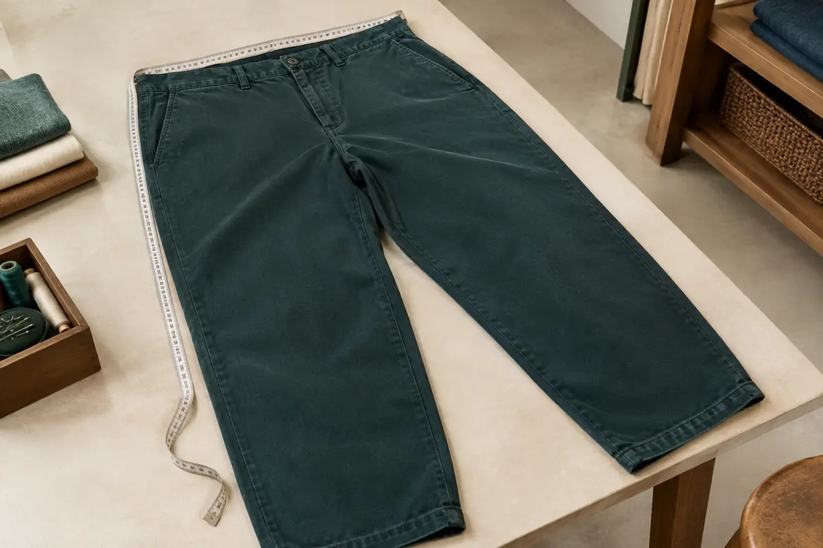 Jean posé à plat avec un mètre ruban pour comparer la ceinture et la largeur des cuisses