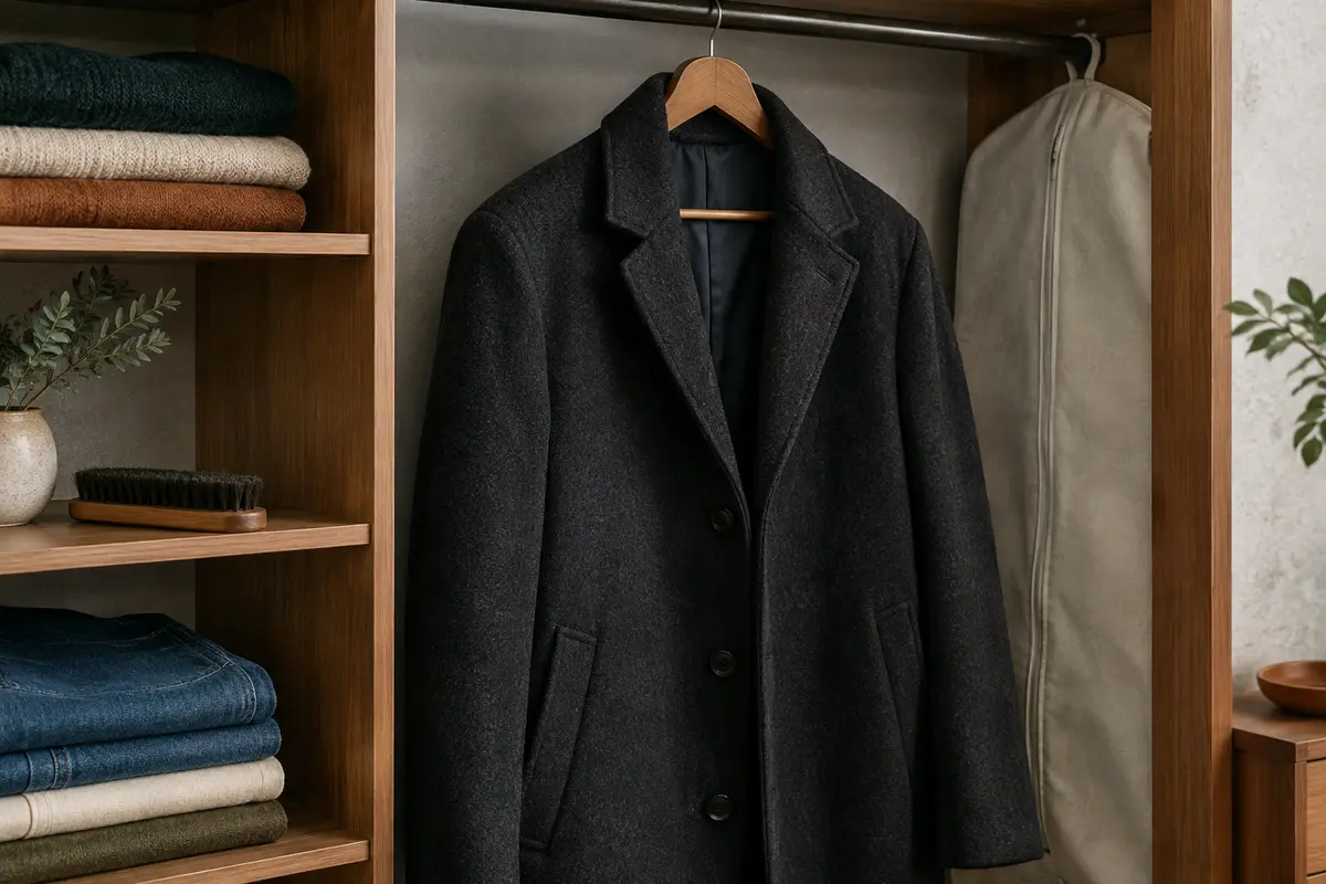 Manteau en laine sombre sur un cintre large, près d’une brosse et d’une housse respirante