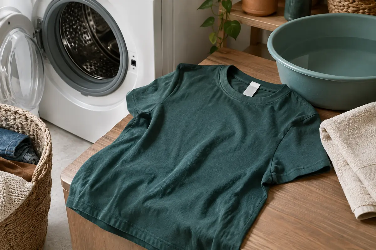 T-shirt en coton posé près d’une machine à laver et d’une serviette pour illustrer son entretien