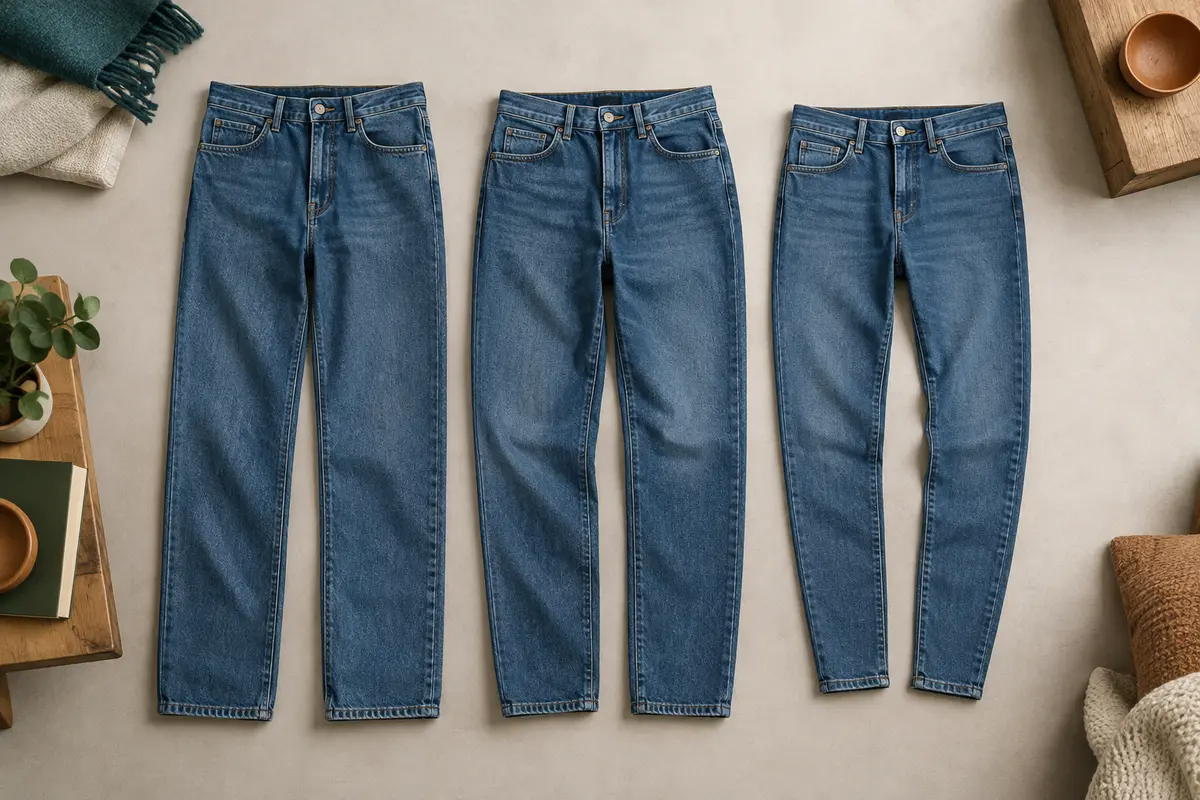 Trois jeans en denim bleu posés à plat, avec des jambes droites, regular et fuselées.