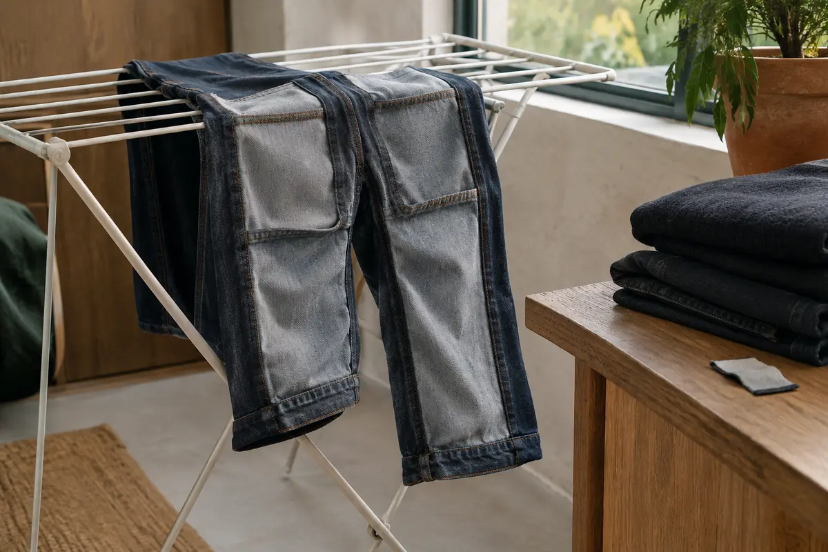 Jean en denim foncé retourné sur un étendoir, dans une pièce éclairée par une lumière naturelle douce.