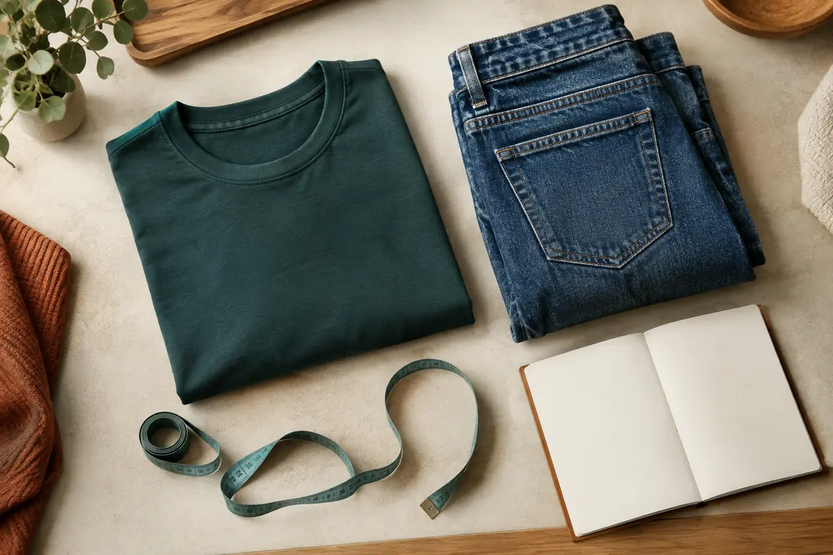 T-shirt et jean posés à plat avec un mètre ruban pour comparer les mesures des vêtements