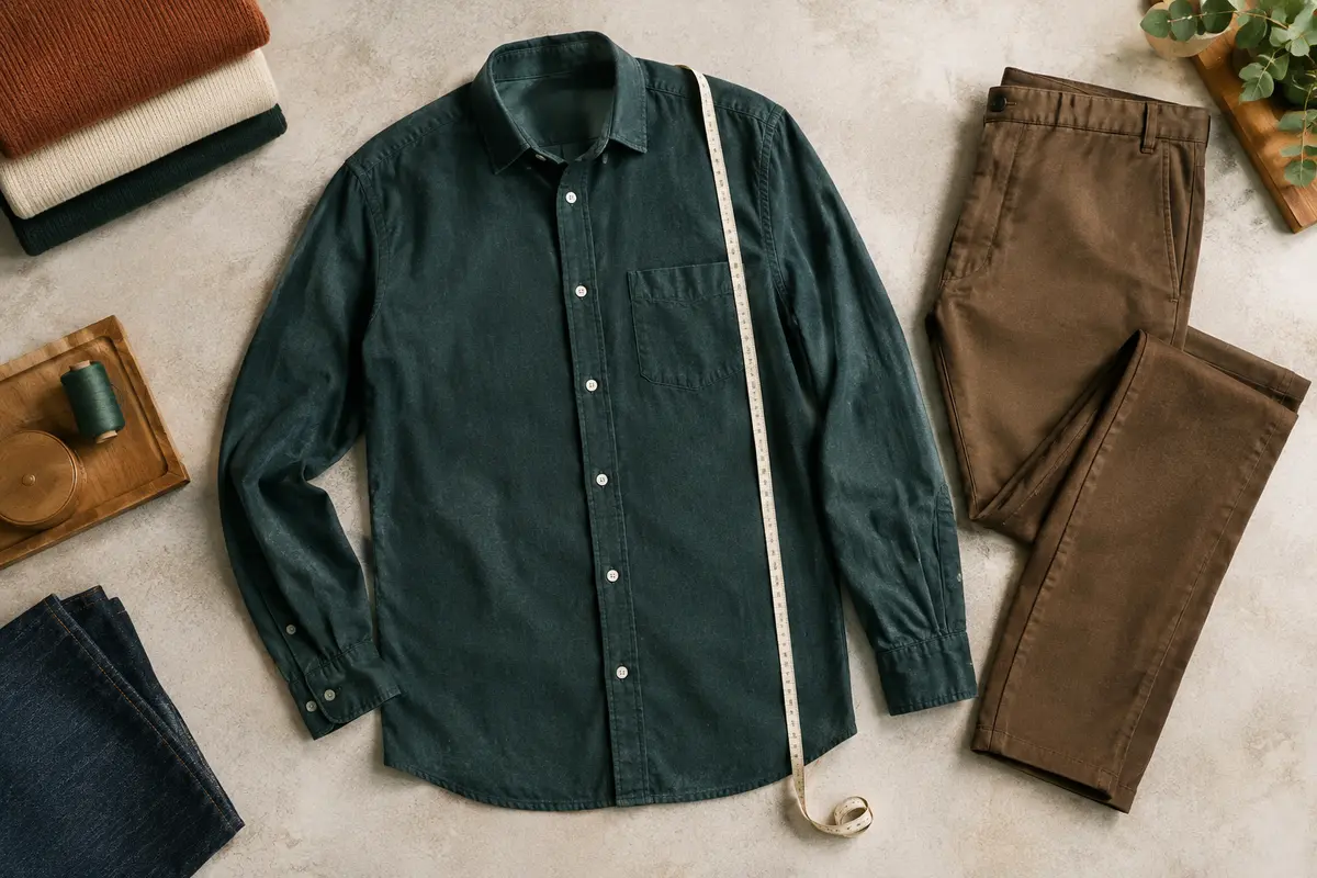 Chemise posée à plat près d’un pantalon, avec un mètre ruban pour comparer sa longueur.