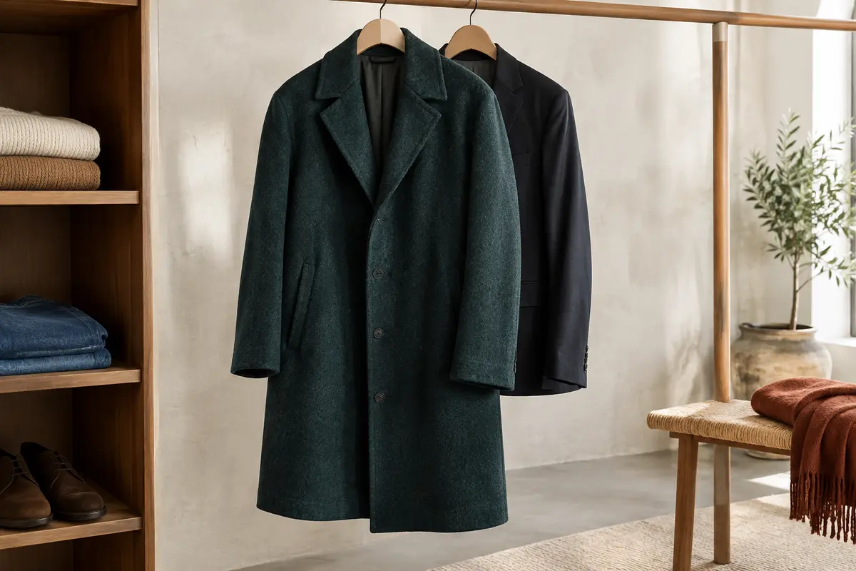 Manteau sombre superposé à une veste de costume sur cintre, avec les épaules et les manches visibles.