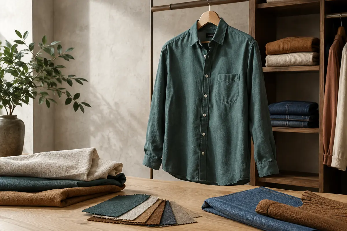 Chemise en coton mélangé suspendue près d’une chemise en lin pliée et d’un fer à vapeur.