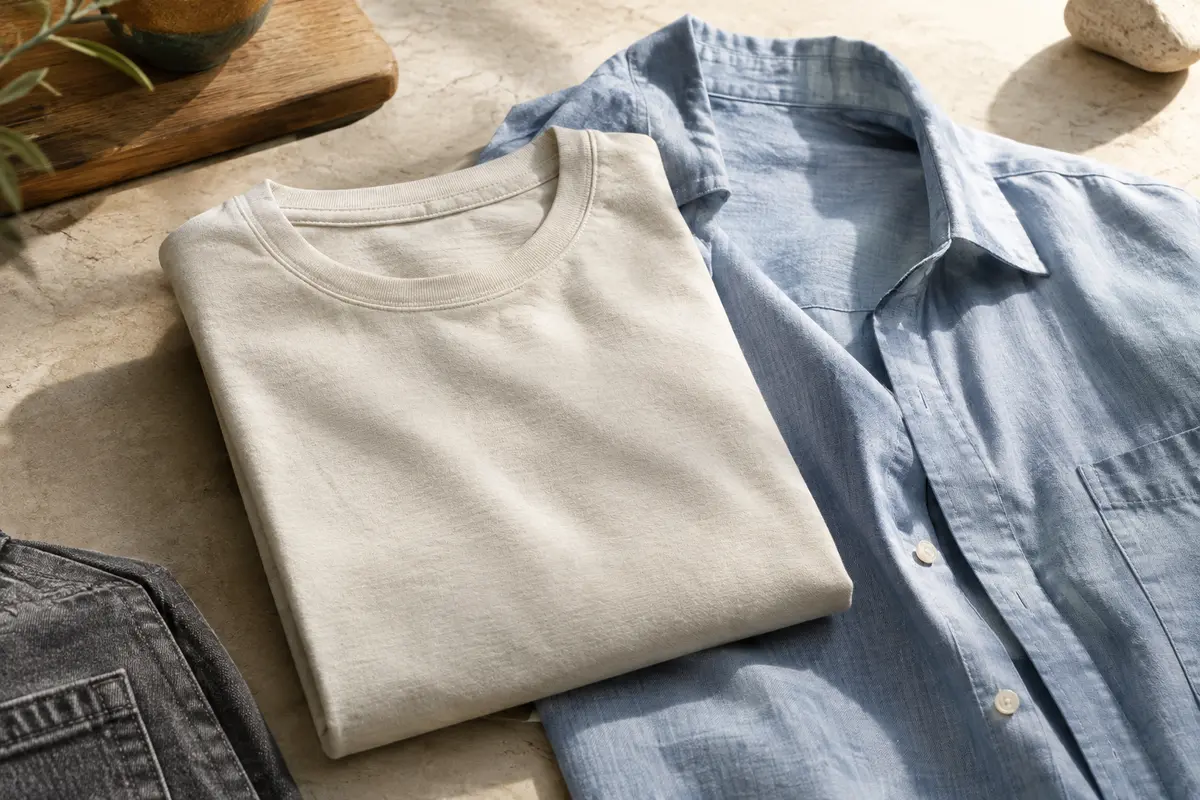 Deux T-shirts aux mailles différentes posés près d’une chemise légère pour comparer leurs textures.