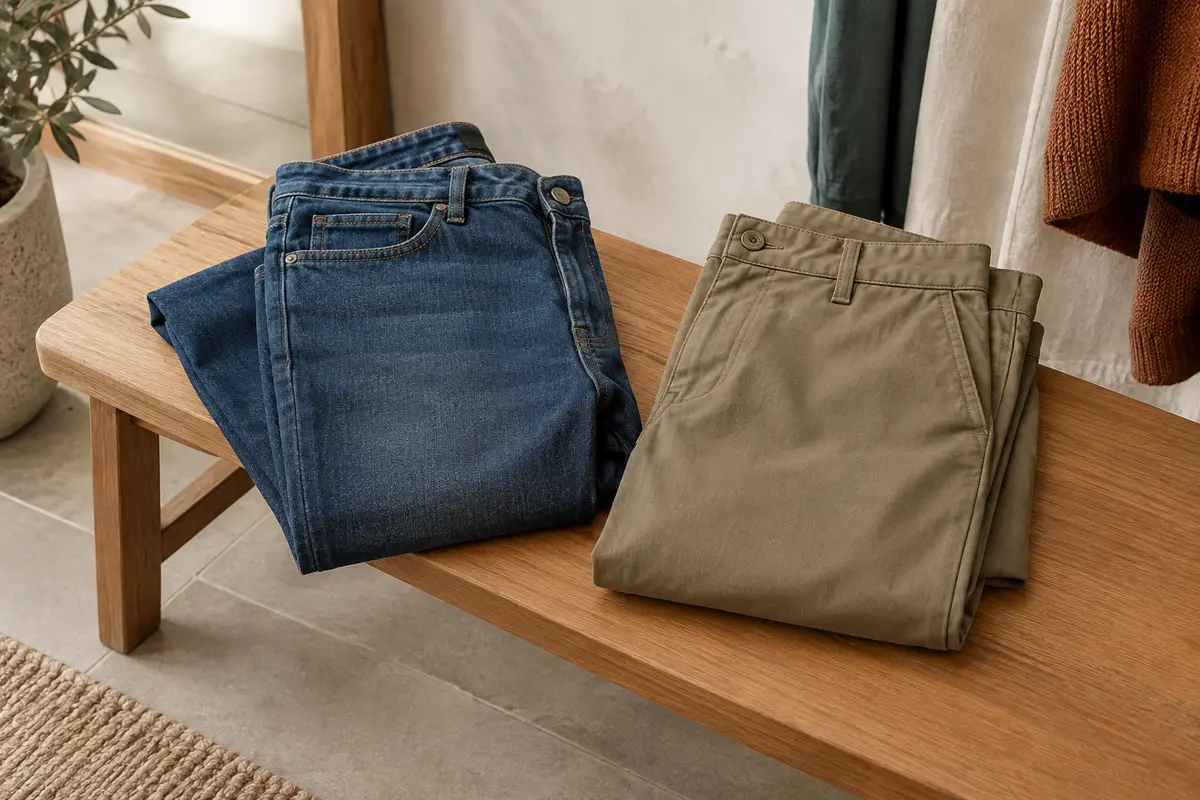 Jean et pantalon chino posés côte à côte, montrant leurs ceintures et leurs coupes de jambe