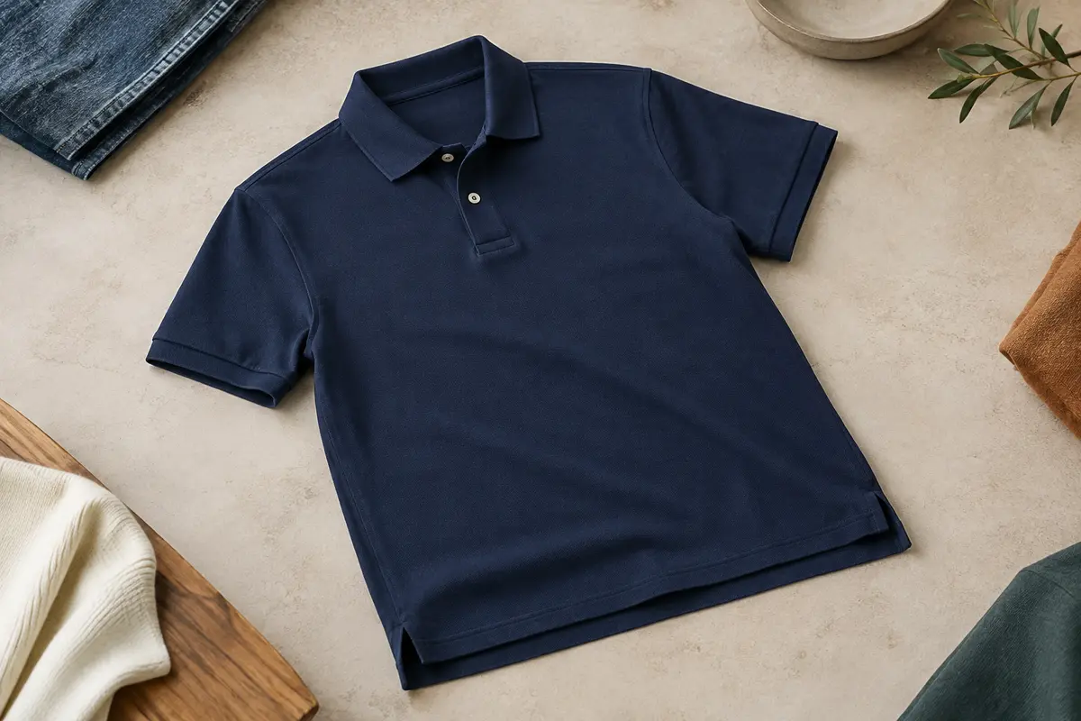 Polo bleu marine posé à plat, avec ses manches, son buste et son ourlet bien visibles