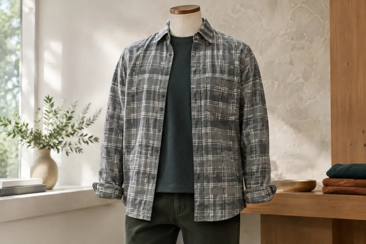 Chemise bleu marine ouverte sur un T-shirt écru, avec un jean foncé disposé à côté.