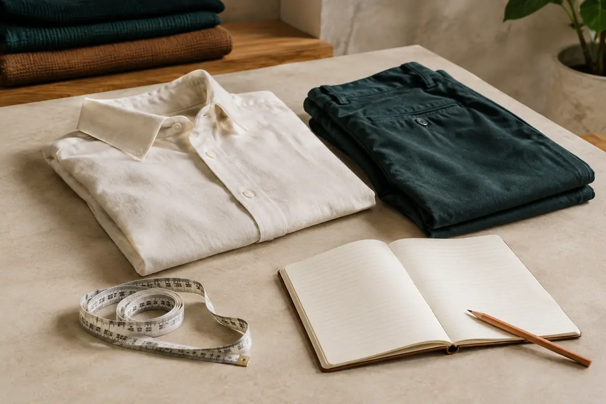 Mètre ruban posé près d’une chemise et d’un pantalon pour illustrer la prise de mesures