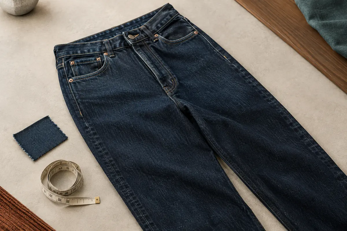 Jean en denim bleu foncé posé à plat, avec coutures, poches et texture du tissu visibles.