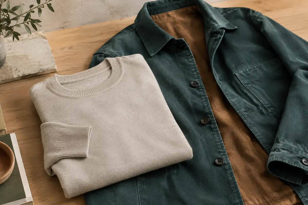 Pull en maille fine posé à côté d’une veste ouverte pour illustrer une superposition peu volumineuse