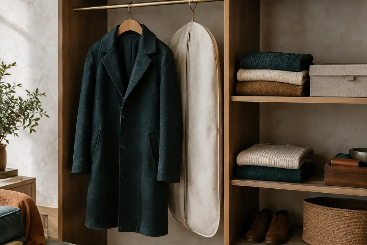Manteau sur un cintre large et pulls pliés à plat dans un rangement saisonnier aéré