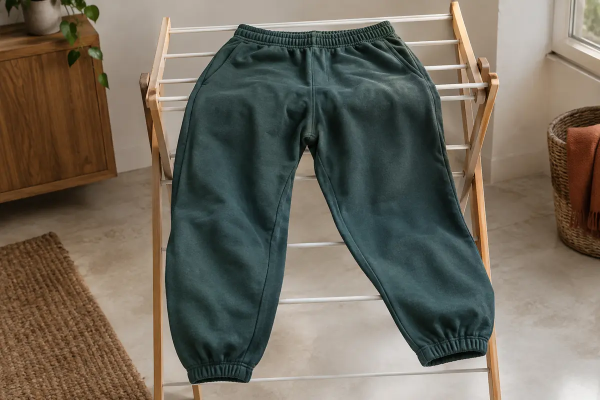 Pantalon de jogging étendu à plat sur un séchoir, ceinture élastiquée sans tension