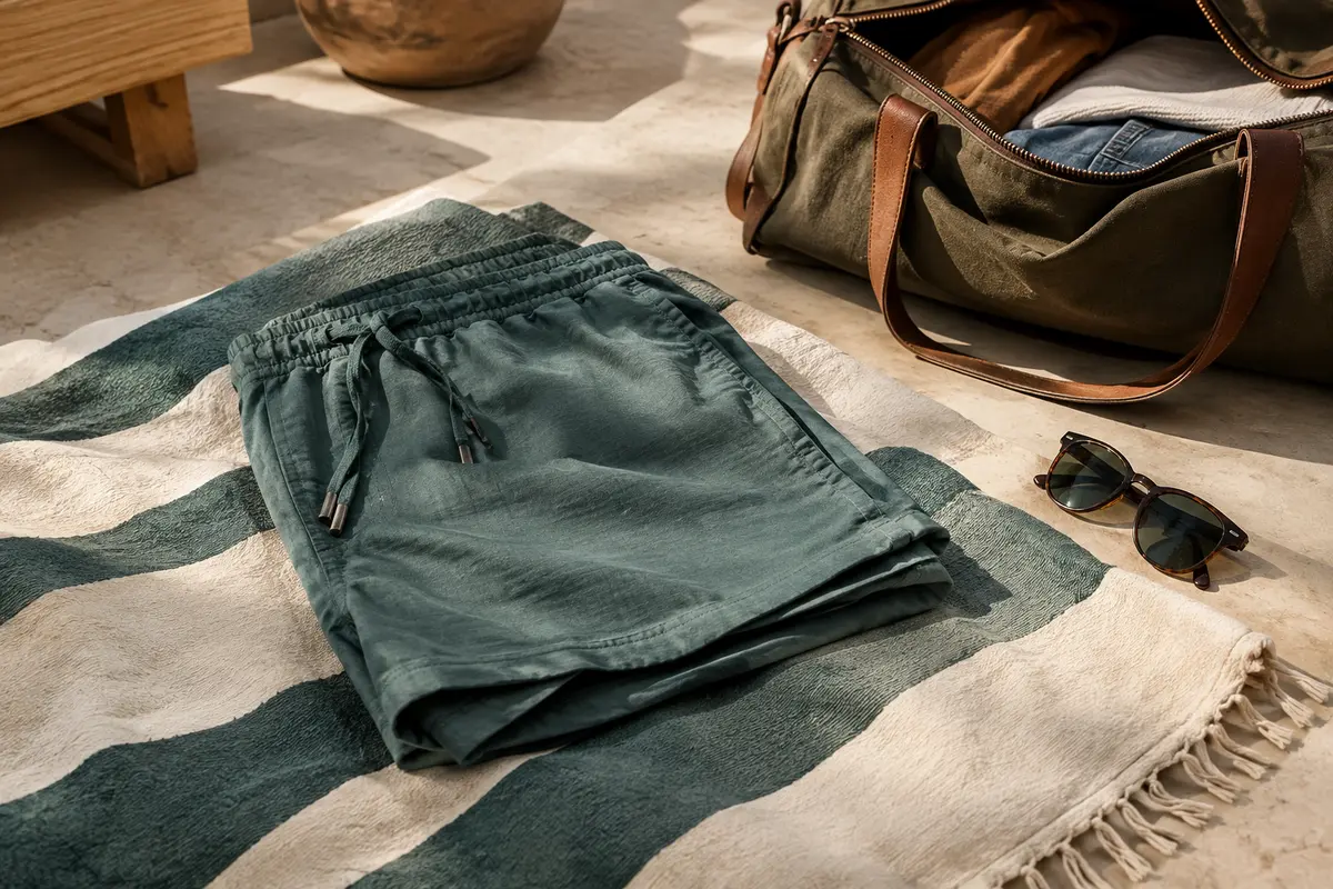 Short en toile plié près d’une serviette et d’un sac de voyage dans une ambiance de vacances