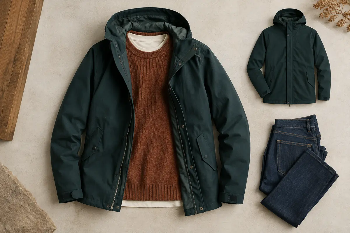 Tenue d’hiver composée d’un T-shirt, d’un pull fin et d’une veste ouverte, disposés sans volume excessif.