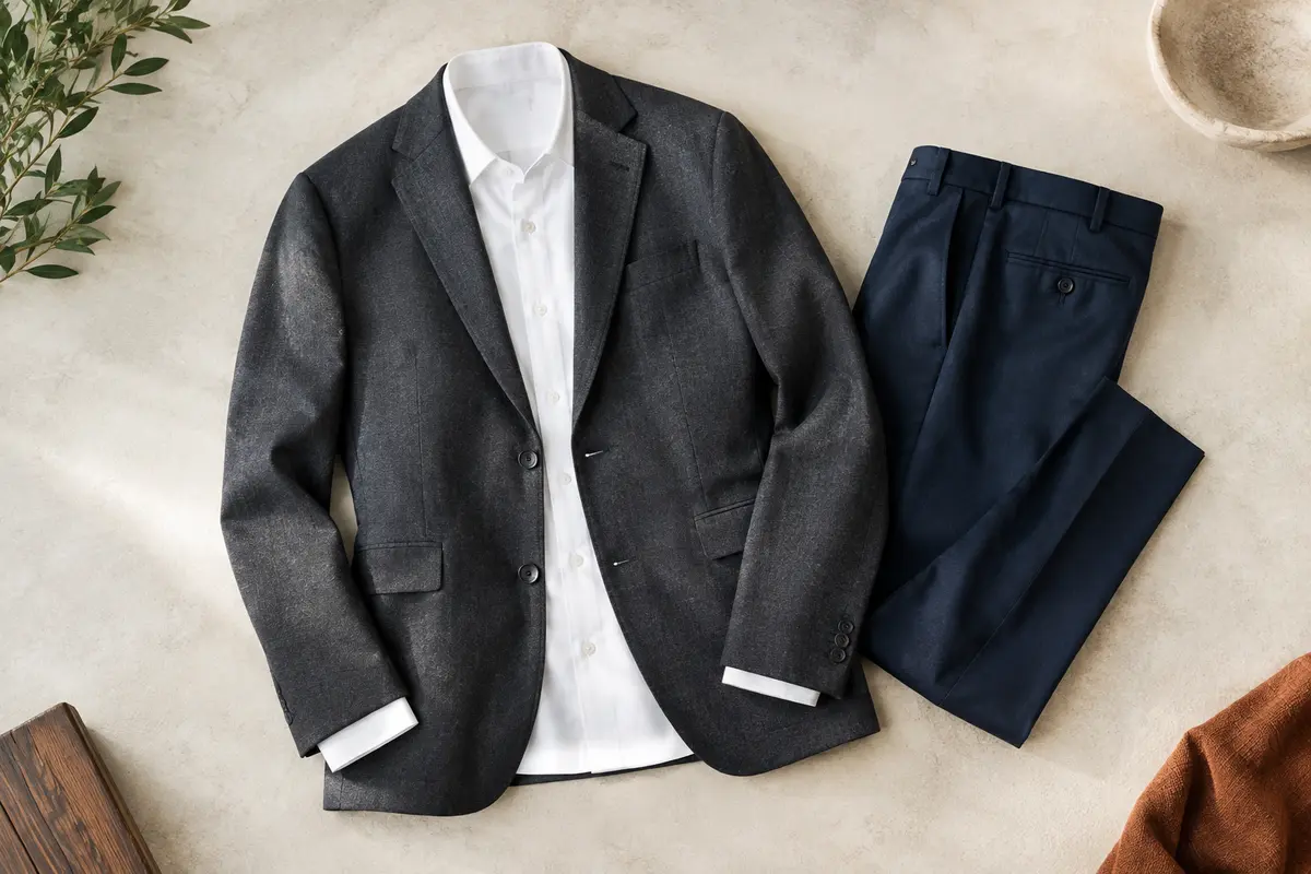 Chemise blanche, pantalon marine et veste grise dépareillée pour une tenue de mariage sans costume.