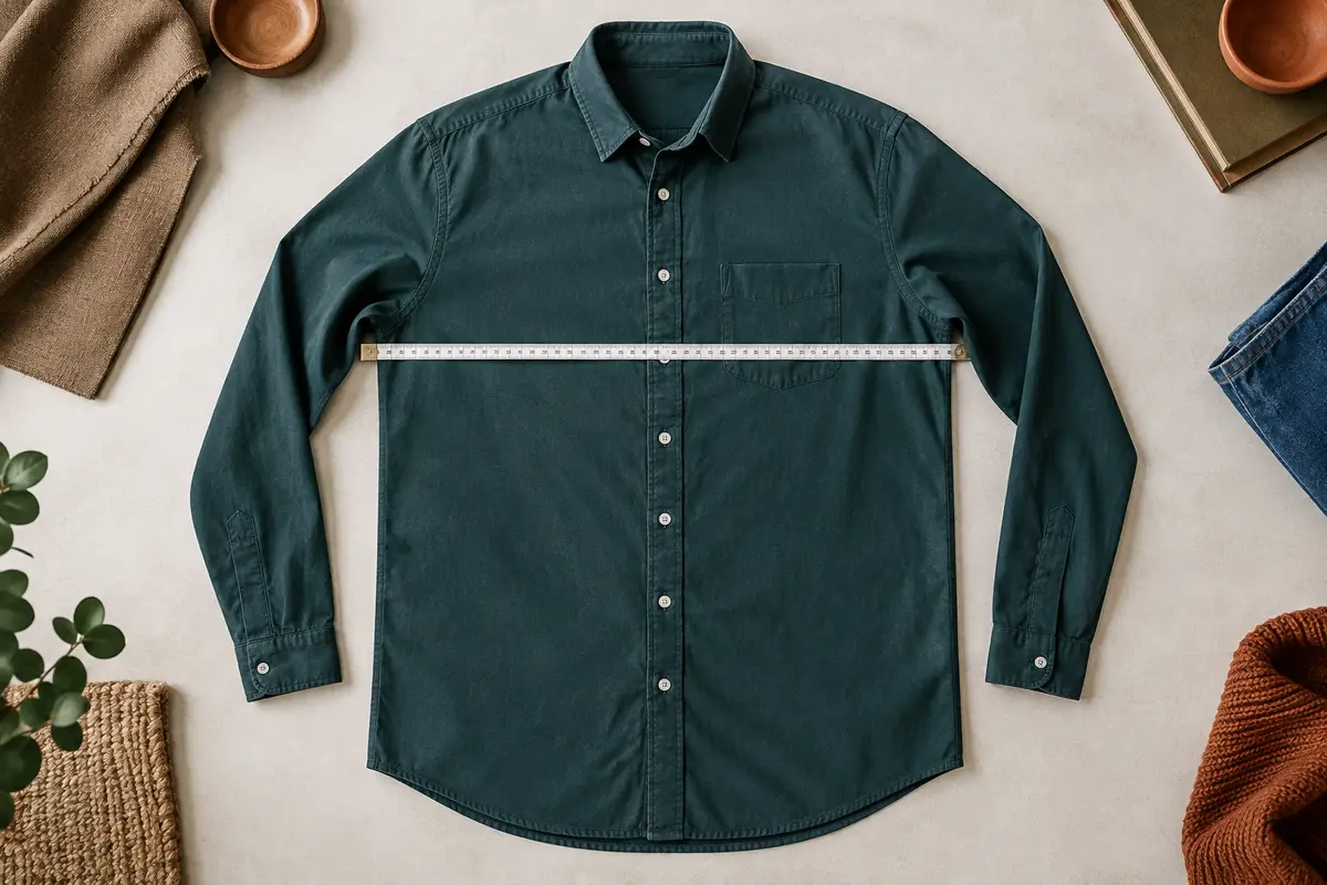 Chemise posée à plat avec un mètre ruban placé au niveau de la poitrine