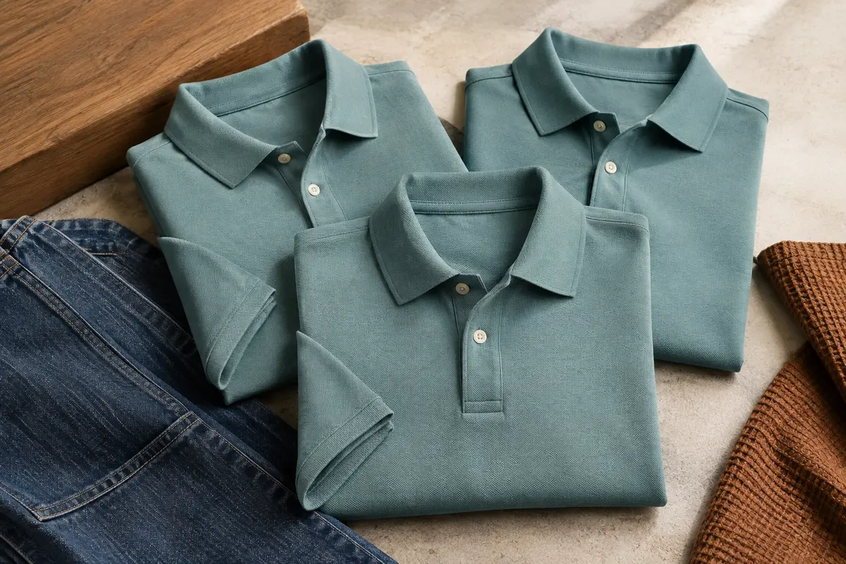 Trois polos homme en coton piqué à coupe droite, disposés sur un fond minéral clair avec du denim.