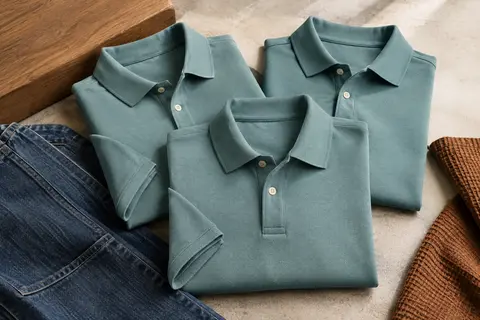Trois polos homme en coton piqué à coupe droite, disposés sur un fond minéral clair avec du denim.