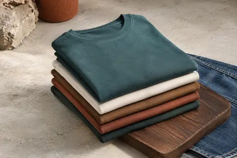 Lot de cinq t-shirts unis à manches courtes et col rond, pliés en coloris Water sur un fond minéral clair.