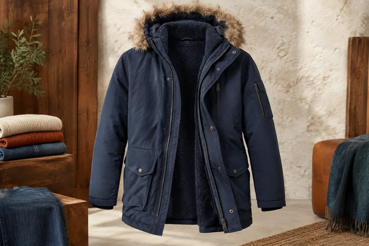Parka homme bleu marine en polyester, doublée de polaire, avec capuche amovible et poches fonctionnelles.