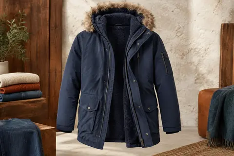Parka homme bleu marine en polyester, doublée de polaire, avec capuche amovible et poches fonctionnelles.