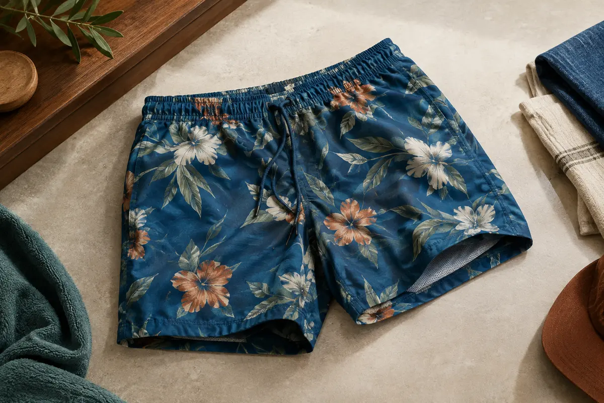 Short de bain bleu à fleurs avec taille élastiquée et cordon, posé sur un fond minéral clair