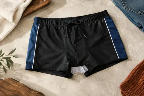 Boxer de bain noir et bleu à coupe ajustée, avec passepoil contrastant et cordon de taille