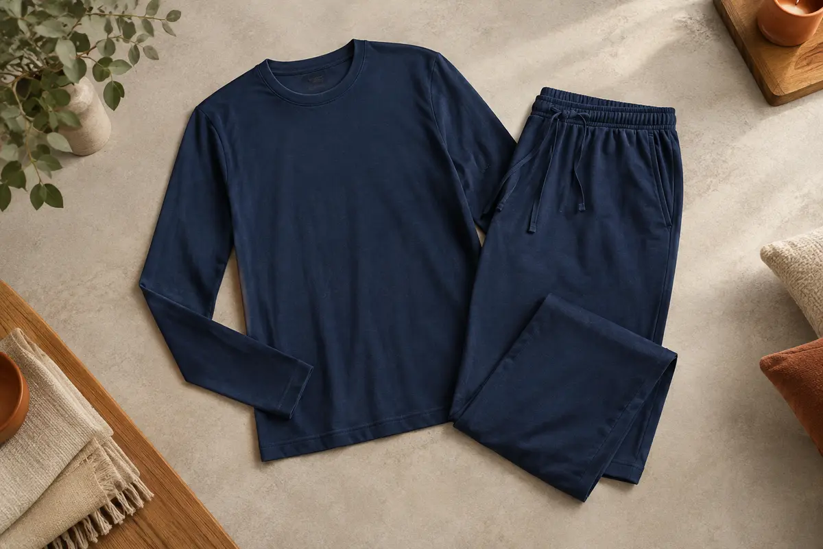 Ensemble de pyjama homme bleu foncé en coton, avec haut à manches longues et pantalon assorti