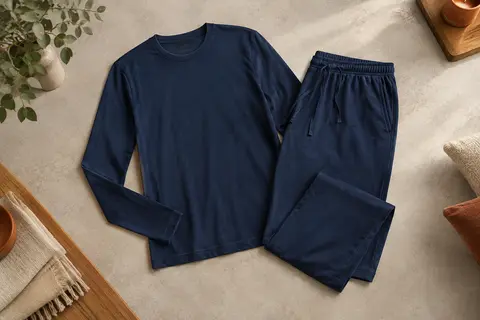 Ensemble de pyjama homme bleu foncé en coton, avec haut à manches longues et pantalon assorti