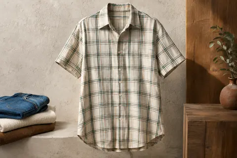 Chemise homme à manches courtes en coton écru à carreaux, présentée seule dans un décor de studio