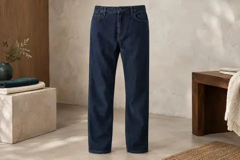 Jean homme en denim bleu foncé à coupe droite, présenté seul sur un fond minéral clair.