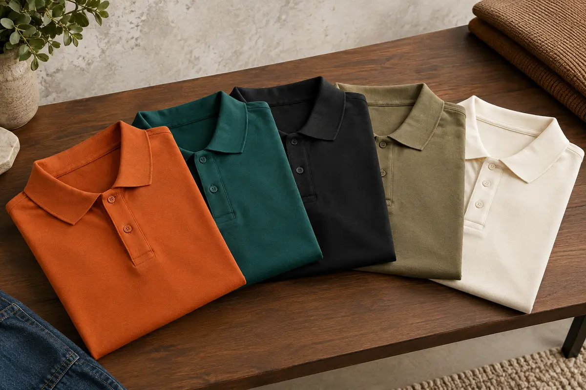 Cinq polos homme en coton, pliés sur une table en bois dans des coloris variés