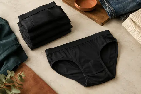 Lot de slips homme noirs en coton, pliés en studio sur un fond minéral clair et du bois teinté.