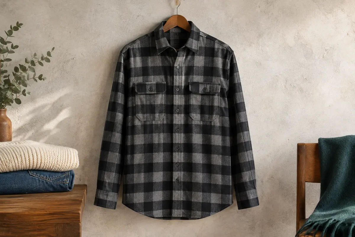 Chemise homme en flanelle à motif vichy noir et gris, avec manches longues et deux poches poitrine boutonnées