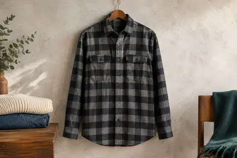 Chemise homme en flanelle à motif vichy noir et gris, avec manches longues et deux poches poitrine boutonnées