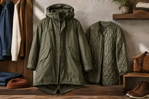 Parka M51 olive à capuche et bas queue-de-poisson, photographiée seule dans un décor de studio clair.