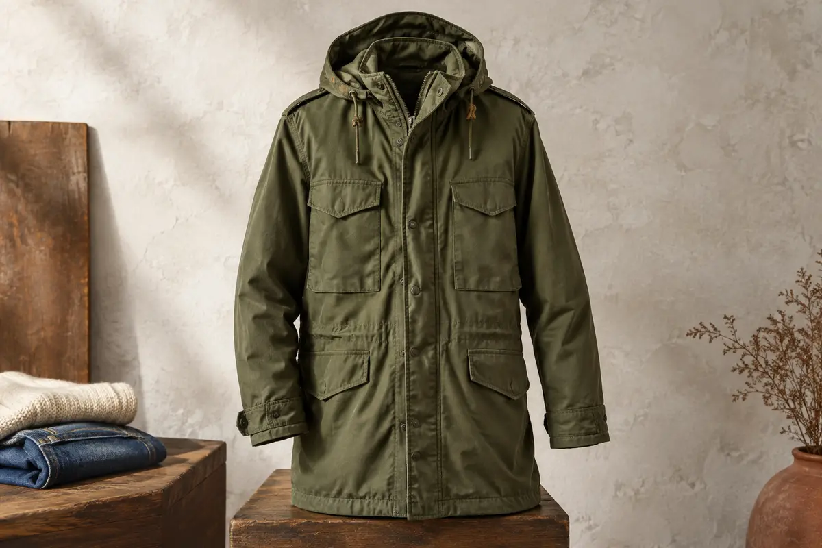 Parka M65 olive en coton avec capuche intégrée au col, photographiée seule dans un décor de studio clair.