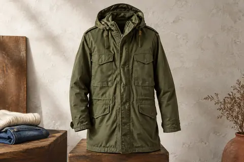 Parka M65 olive en coton avec capuche intégrée au col, photographiée seule dans un décor de studio clair.