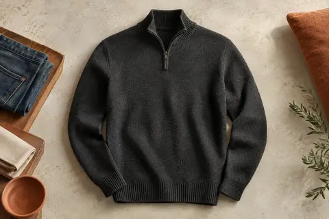 Pull Troyer Brandit en maille anthracite, présenté à plat dans un décor de vestiaire masculin sobre.