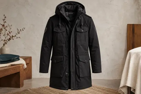 Parka homme noire à capuche, poches boutonnées, badges aux manches et doublure hivernale
