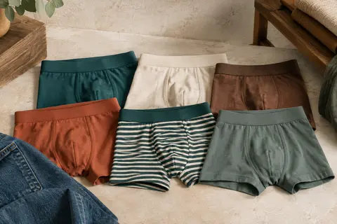 Lot de six boxers en coton pliés en studio, sur un fond minéral clair avec du denim et du bois teinté.