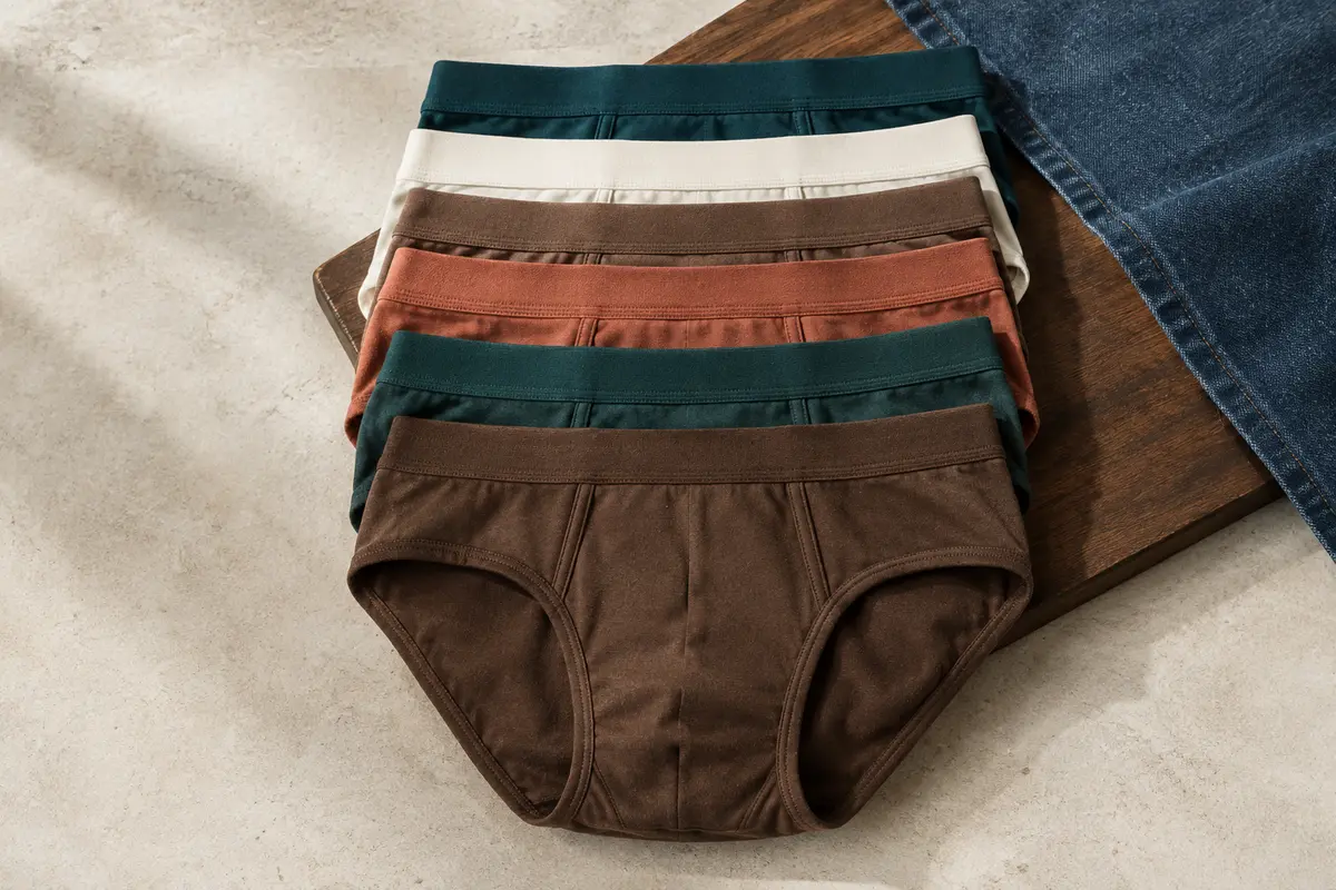 Lot de six slips unis en coton extensible, pliés sur un fond minéral clair avec du bois teinté.