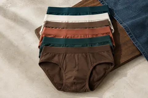 Lot de six slips unis en coton extensible, pliés sur un fond minéral clair avec du bois teinté.
