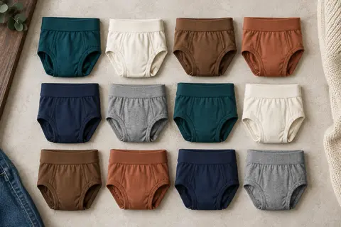 Douze slips homme en coton extensible aux coloris unis variés, pliés et rangés en trois rangées de quatre sur un fond minéral clair.