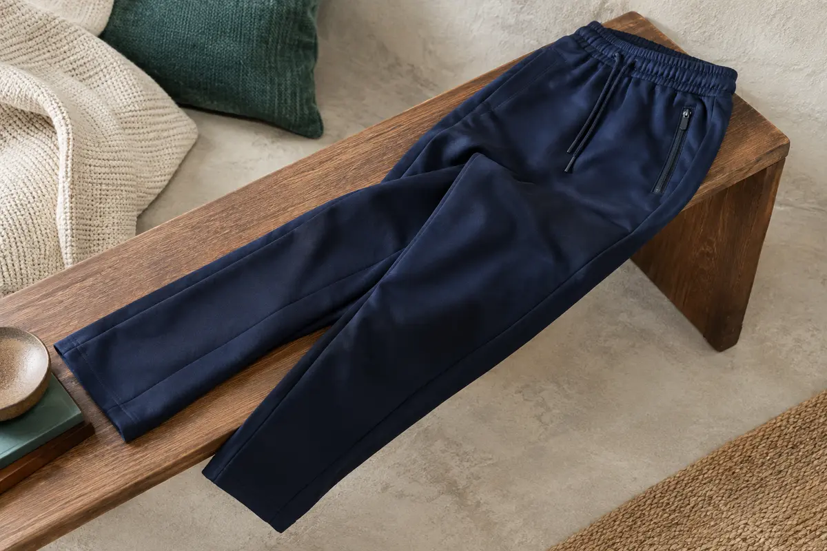 Pantalon de jogging homme bleu navy à coupe droite, taille élastique et poches latérales zippées