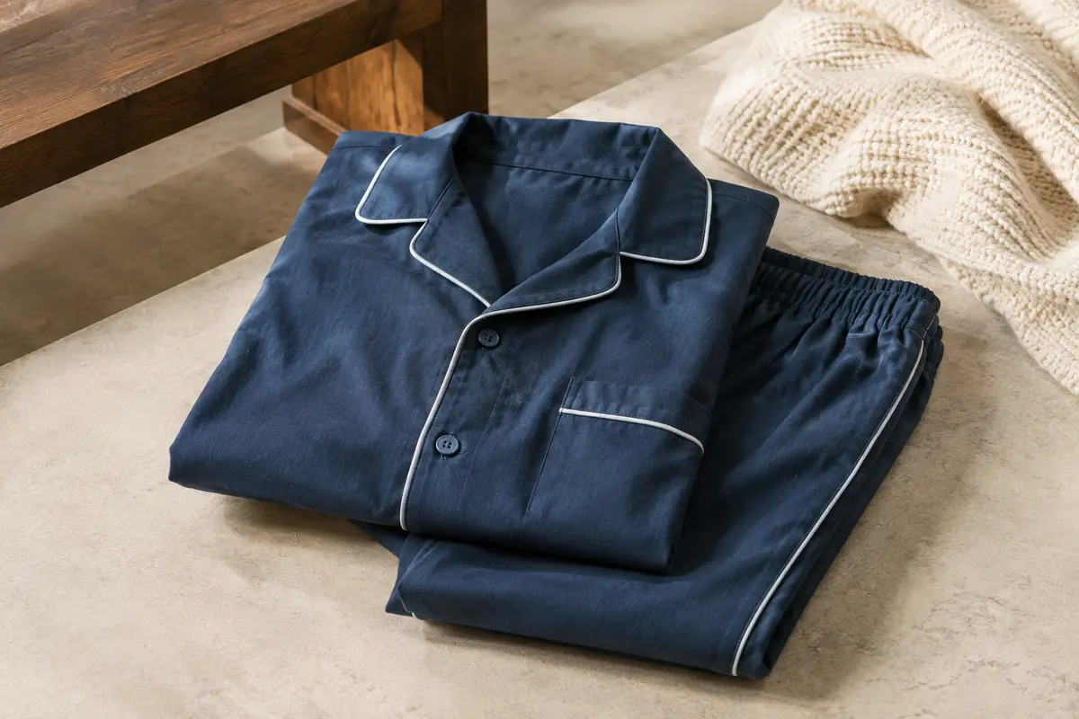 Pyjama homme bleu en coton avec haut boutonné à manches longues et pantalon long assorti