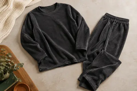 Pyjama homme en polaire charbon composé d’un haut à manches longues et d’un pantalon long à taille élastiquée.
